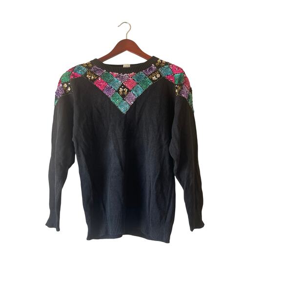 Vintage 80s rainbow mermaid scale style beaded sweater size large - Picture 1 of 6